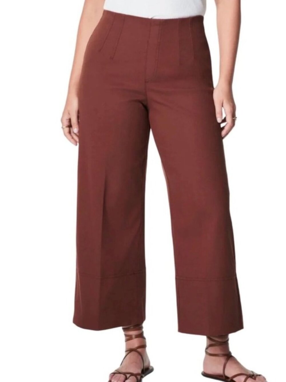 Spanx Brown Stretch Twill Cropped Wide Leg Pants Size Large High Rise Shaping